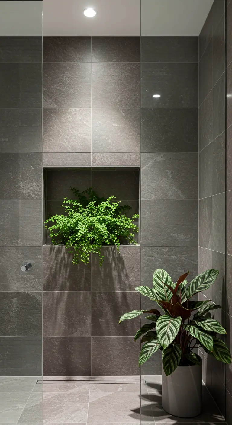 Groene planten in een tegelnis en op de vloer van een moderne, donker betegelde doucheruimte.