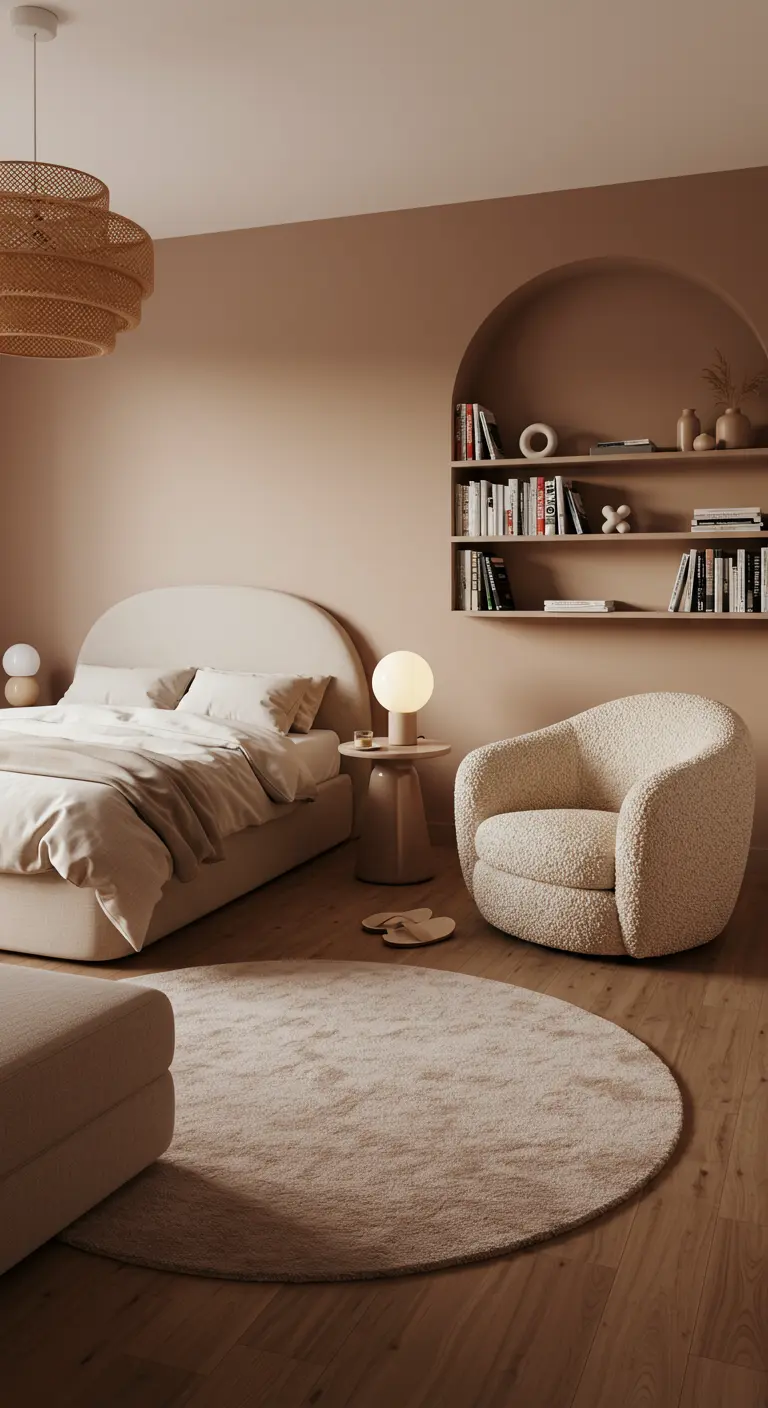 Slaapkamer in aardetinten met een ingebouwde boekenplanknis en een ronde fauteuil.