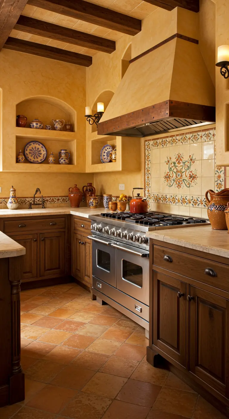 Mediterrane keuken met gele muren, donkerhouten kasten en ingebouwde nisjes voor servies.