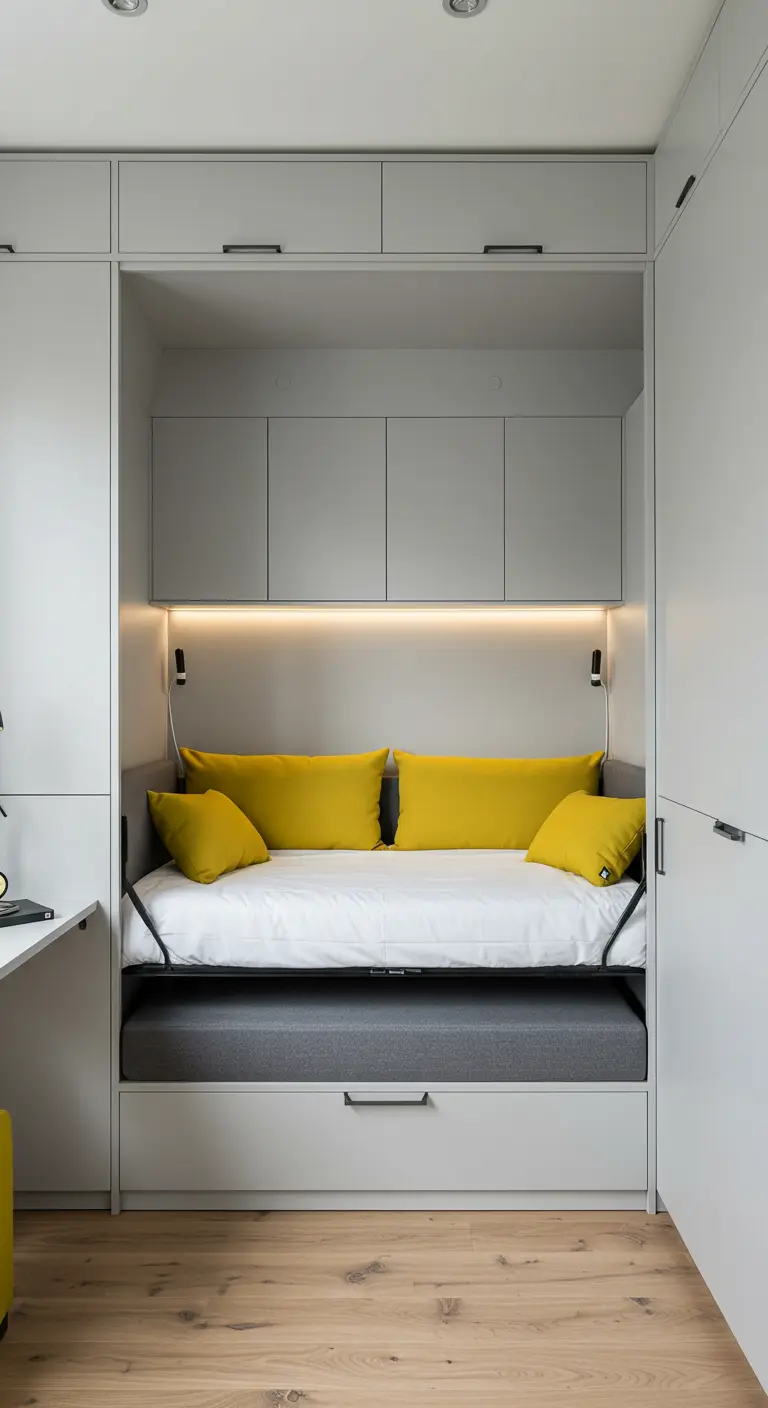 Compacte logeerkamer met ingebouwd bed in een nis, met bovenkasten en lades.