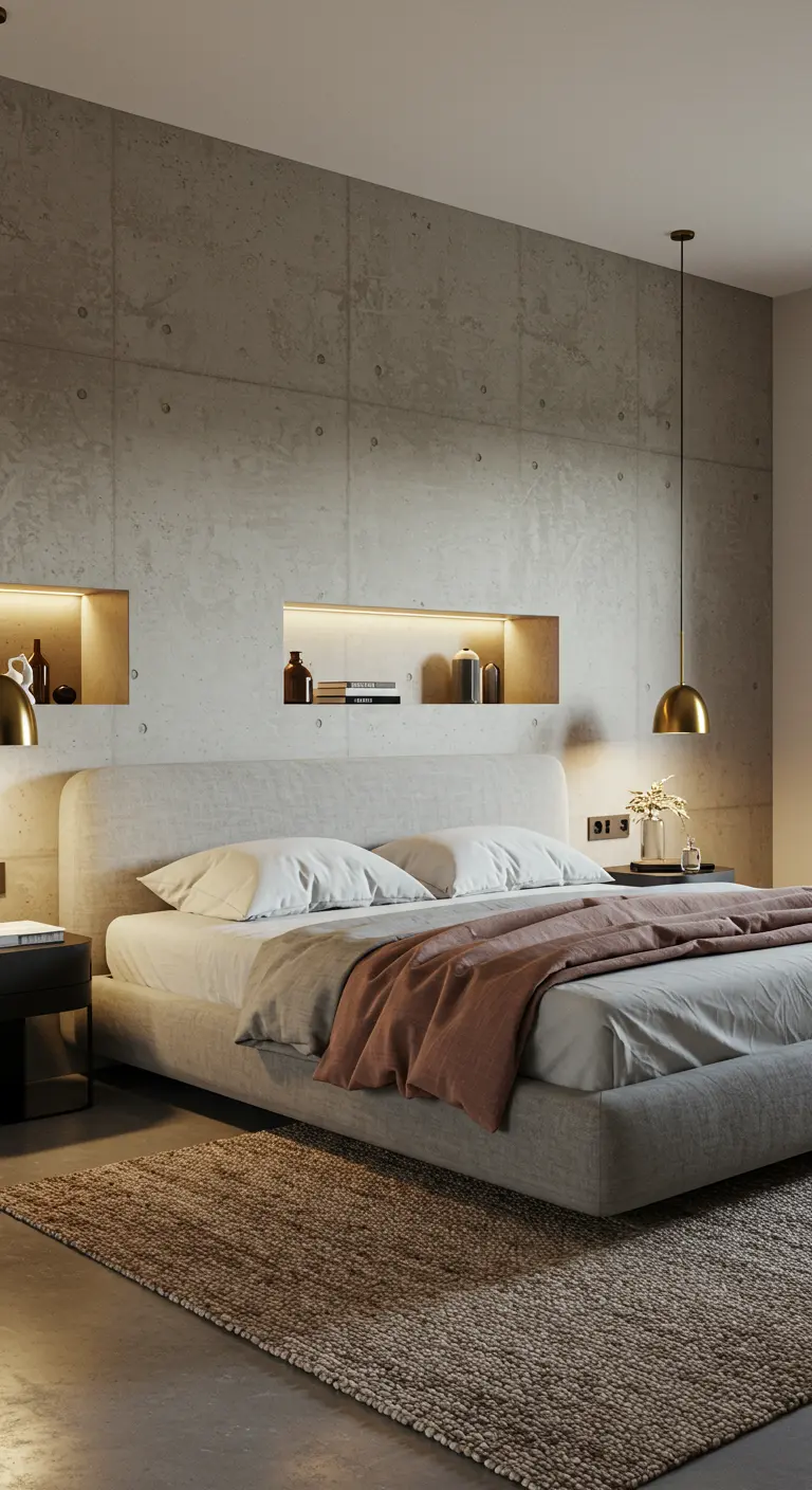 Slaapkamer met betonwand en ingebouwde verlichte nissen boven het bed.