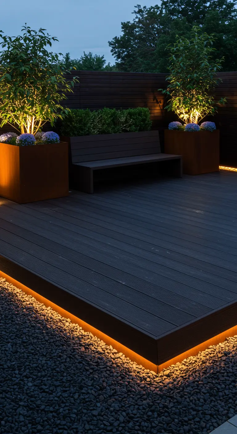 Modern verhoogd houten terras met ingebouwde bank en sfeervolle avondverlichting.
