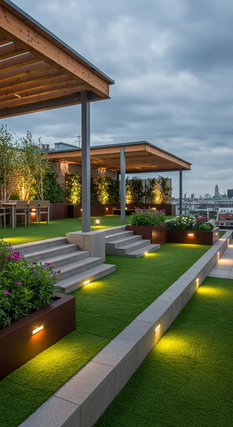 Daktuin met houten pergola's, kunstgras, traptreden, verlichte plantenbakken en stadsuitzicht.