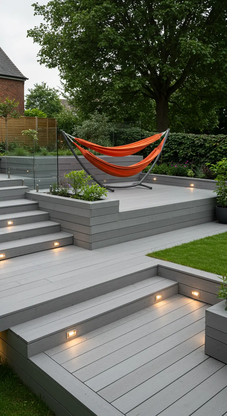 Fel oranje hangmat op een verhoogd grijs vlonderterras met trapverlichting.