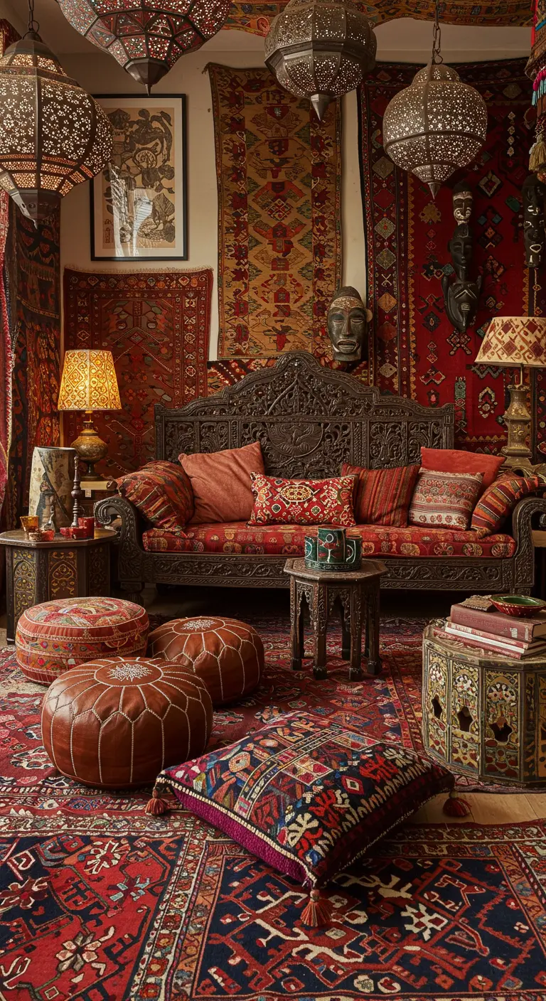Bohemian woonkamer met veel Perzische tapijten, oosterse lantaarns en een lage houten bank.