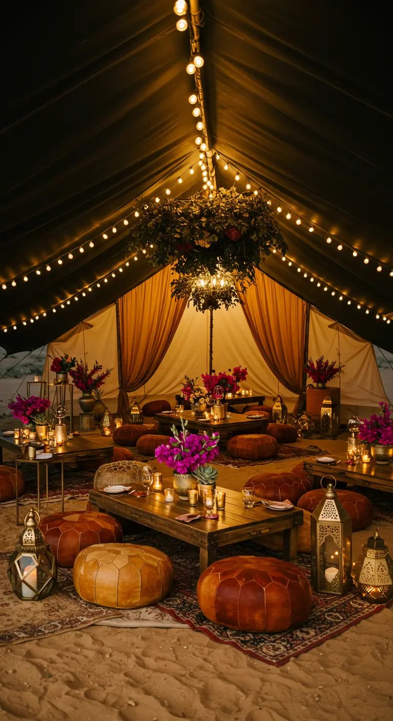 Bohemian trouwfeest in een tent met lage tafels, poefs, string lights en veel bloemen.