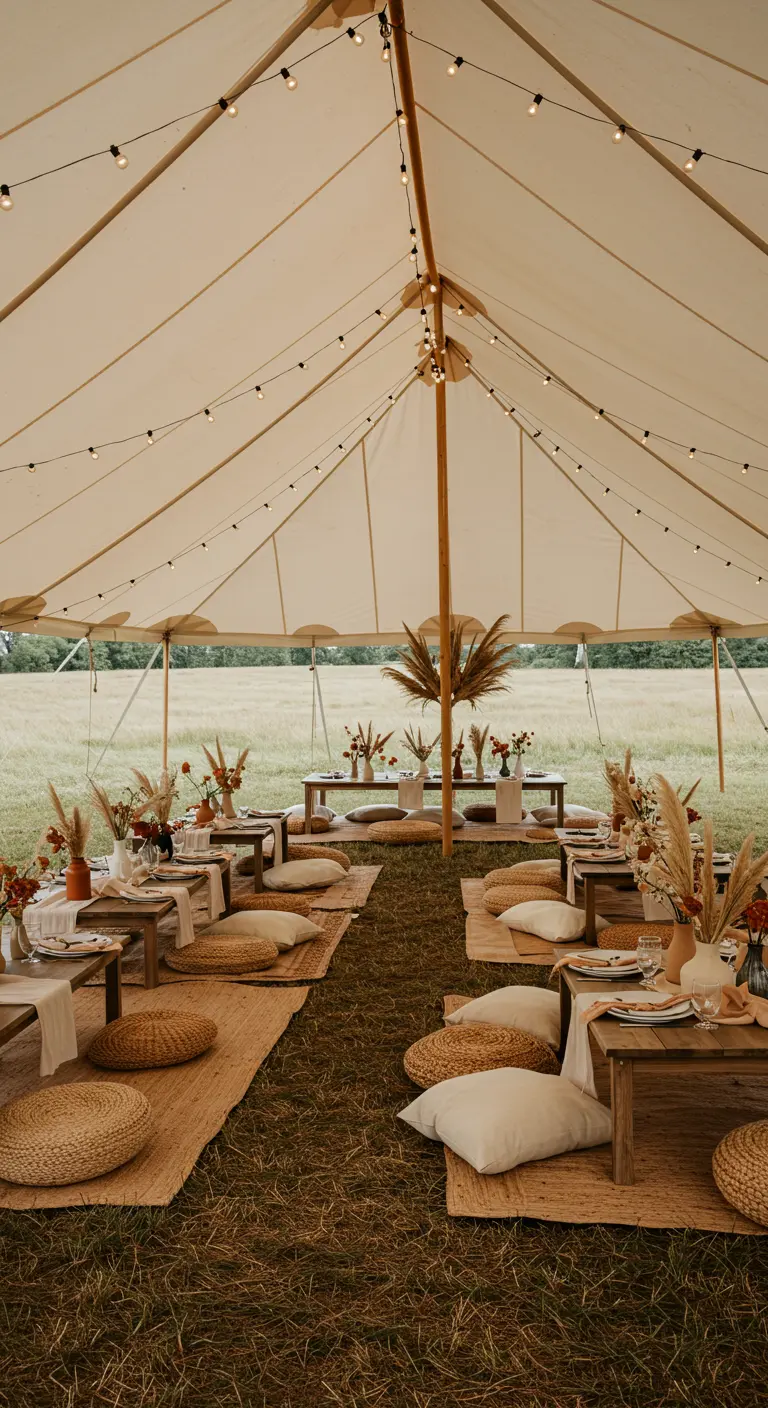 Lage tafels in een tent met kussens, vloerkleden en pampasgras decoratie.