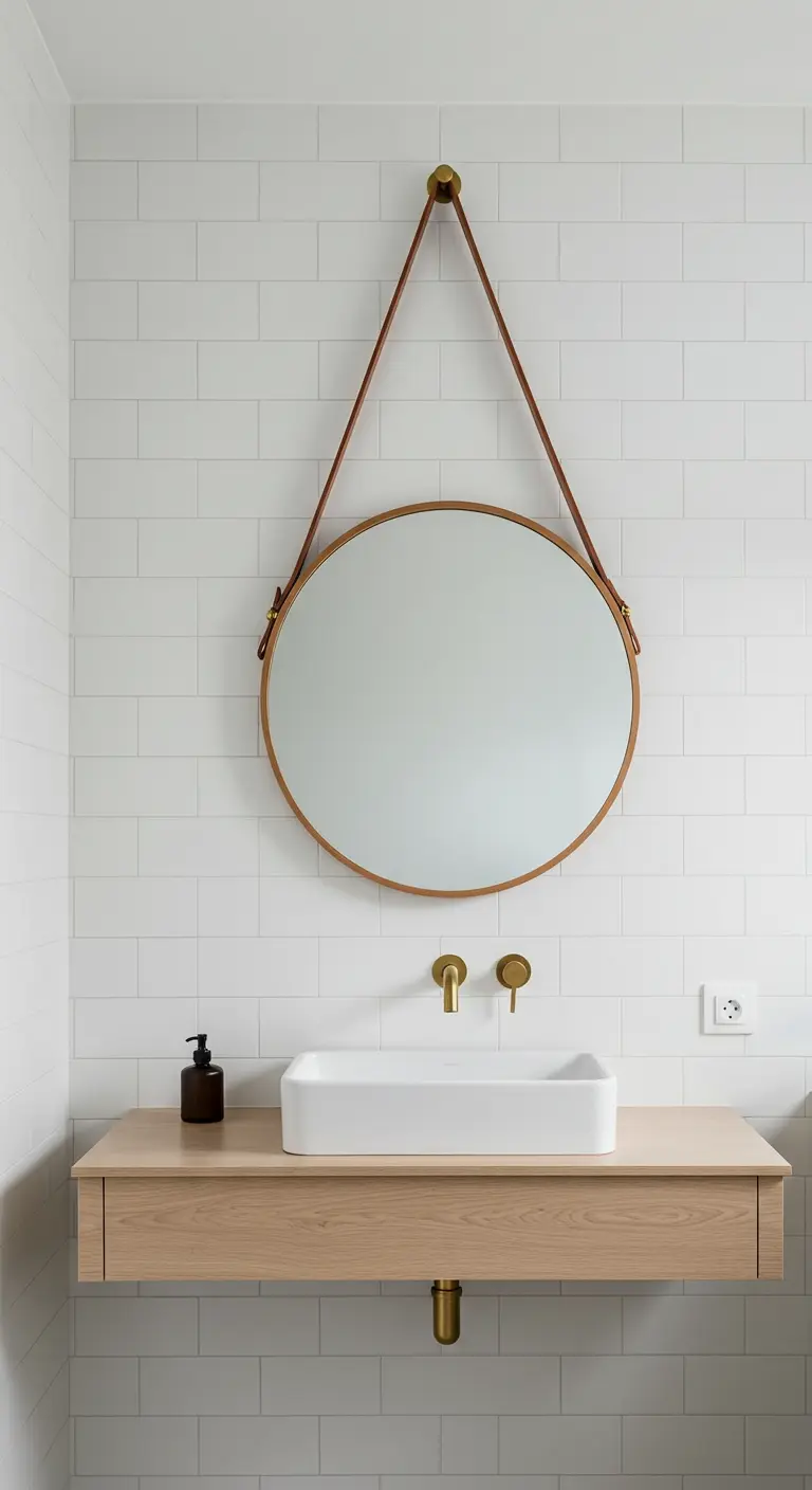 Ronde spiegel hangend aan leren riem in badkamer met witte tegels.