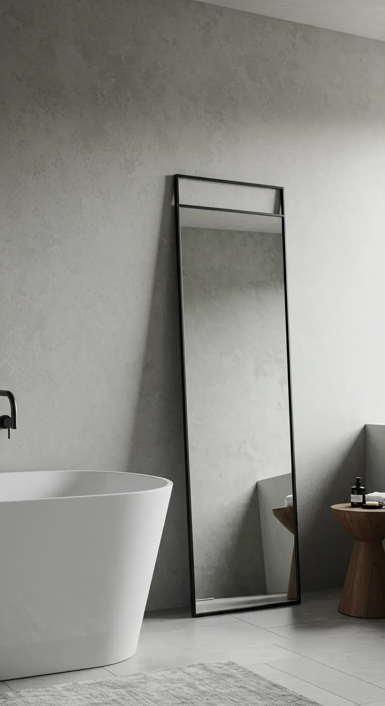Hoge, smalle staande spiegel met zwart frame in minimalistische badkamer.