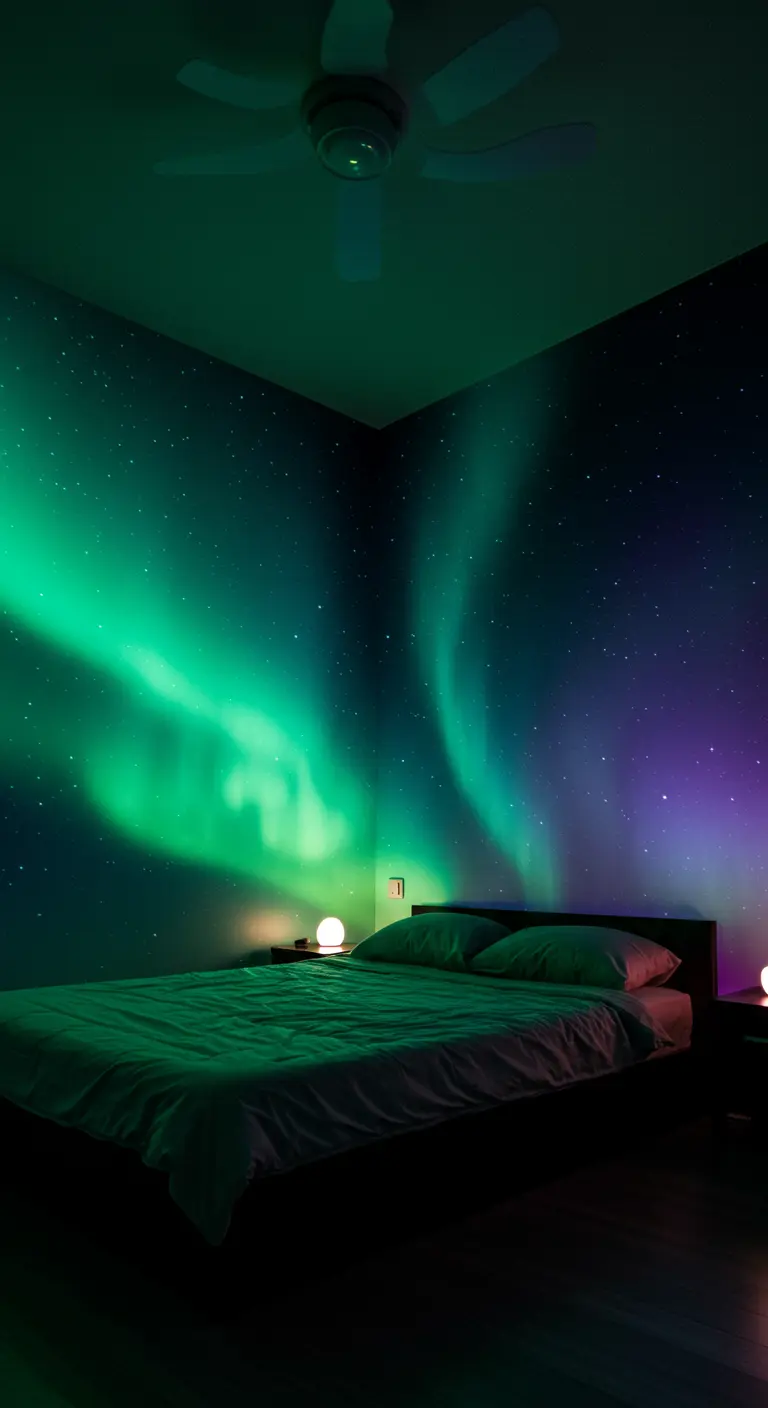 Donkere slaapkamer met een muur die het noorderlicht nabootst met groen en paars.