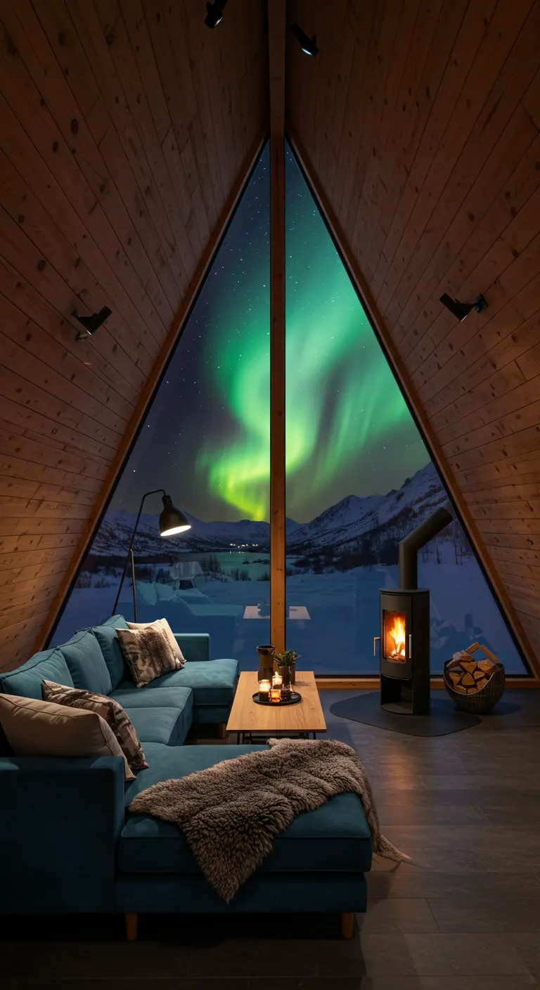 Gezellige A-frame cabin met uitzicht op het noorderlicht boven een besneeuwd landschap.