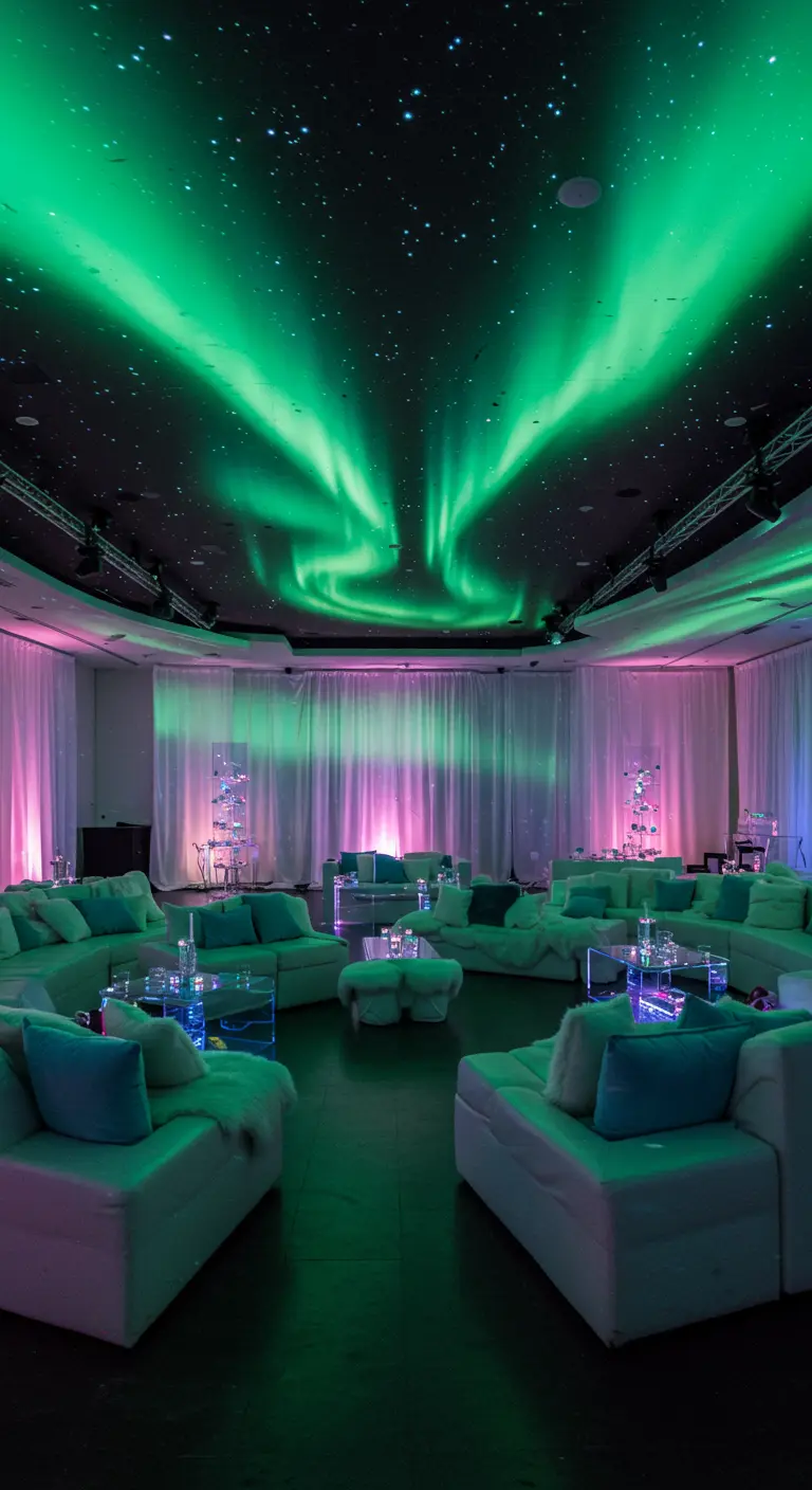 Ruimte met groene en paarse noorderlichtprojectie op plafond en muren, met loungebanken.
