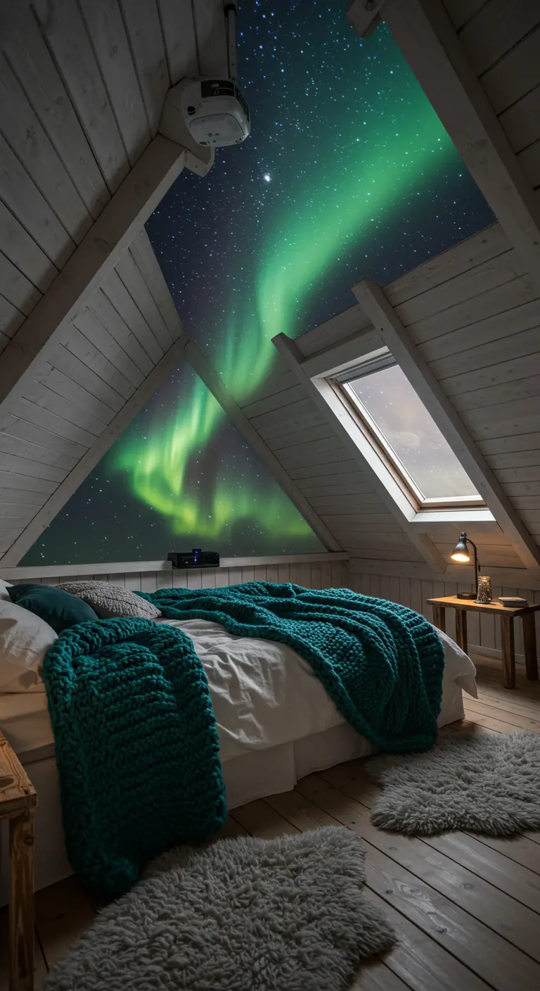 Slaapkamer met schuin dak waarop het noorderlicht wordt geprojecteerd boven een bed met blauwgroen deken.