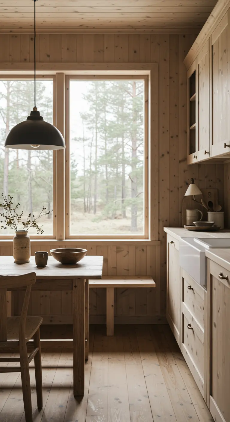 Noordse rustieke keuken met licht houten wandbekleding, grote ramen, houten eettafel met bankje en minimalistische inrichting.