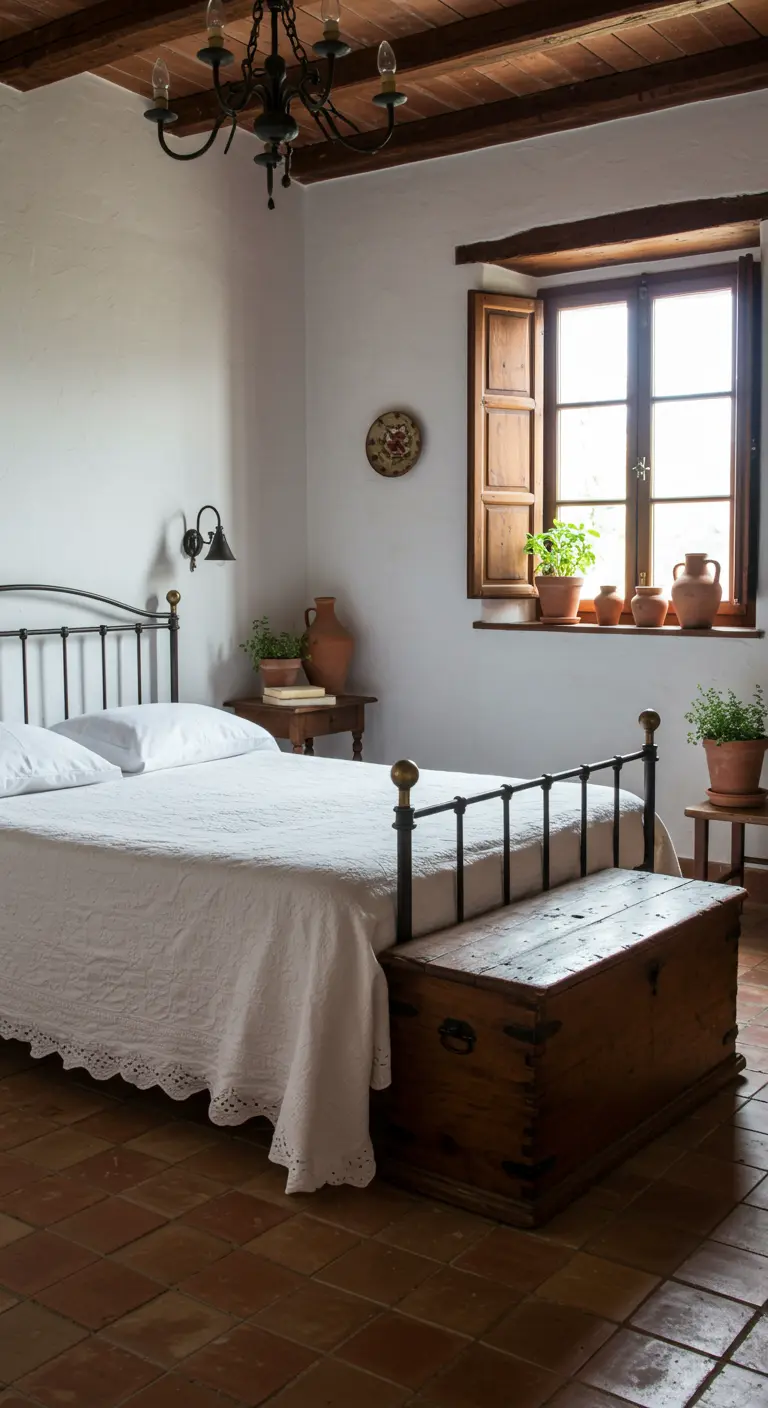 Rustieke slaapkamer met ijzeren bed, houten kist, terracotta potten op vensterbank.