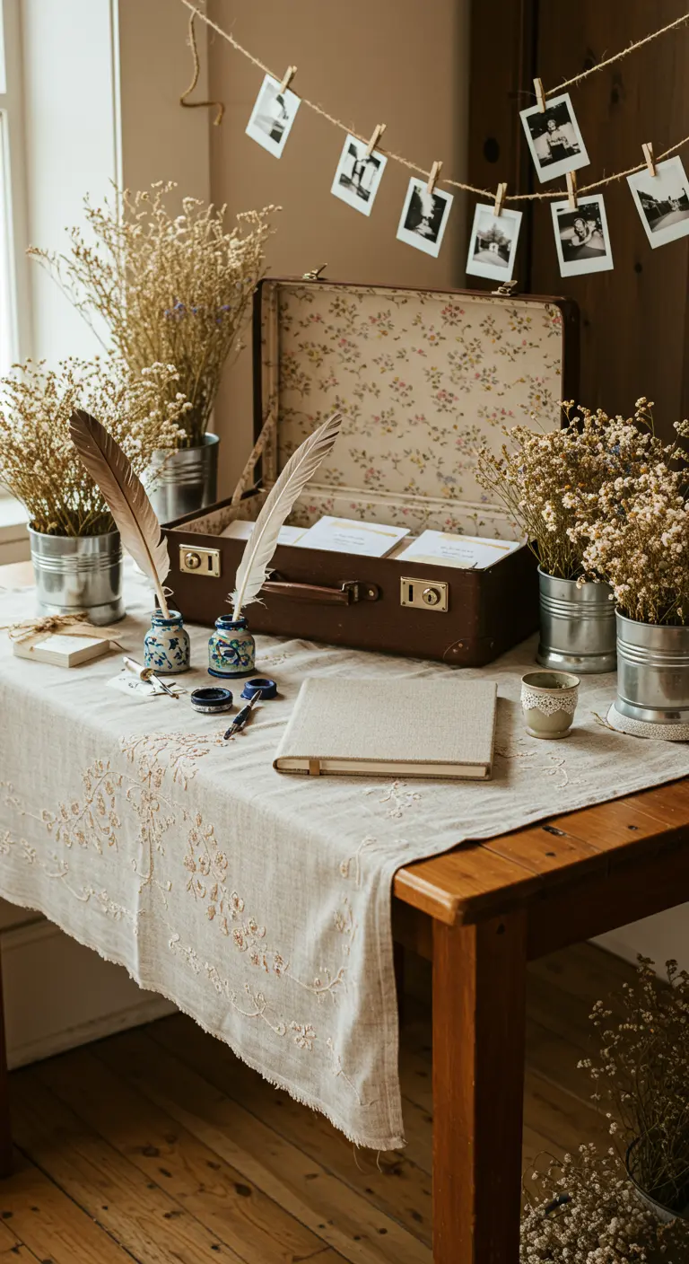 Gastenboektafel met vintage koffer, linnen loper en droogbloemen.