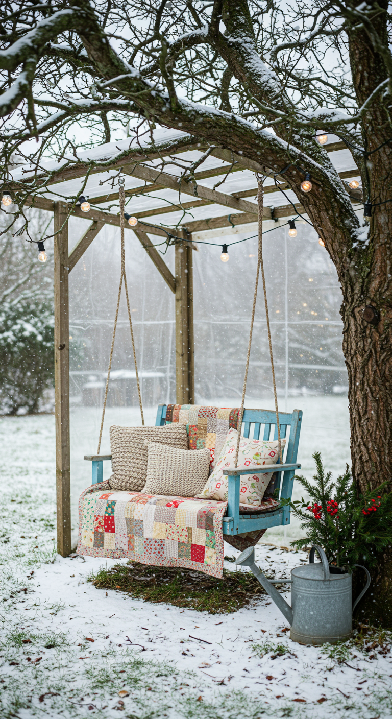Houten schommelbank met patchwork quilt onder boom met doorzichtige overkapping in besneeuwde tuin.
