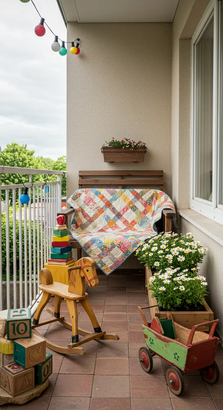 Balkon met houten hobbelpaard, patchwork deken, bloeiende bloemen en gekleurde lichtslinger.