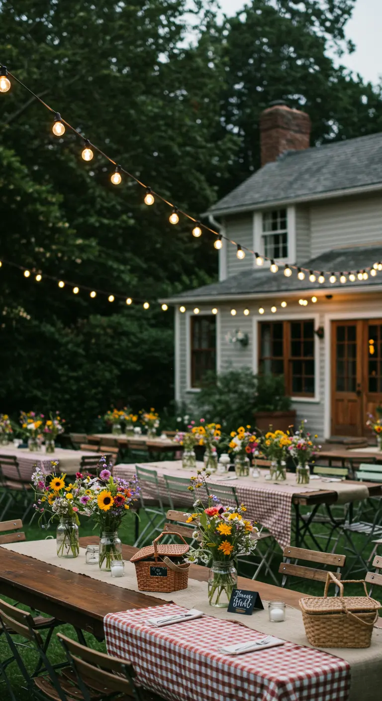 Tuinreceptie met rood-wit geruite tafels, mason jars met bloemen en lichtslingers.