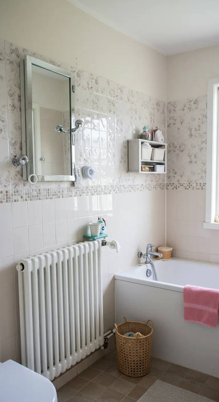 Witte klassieke radiator in een badkamer met retro tegels, spiegelkast en vintage accessoires.