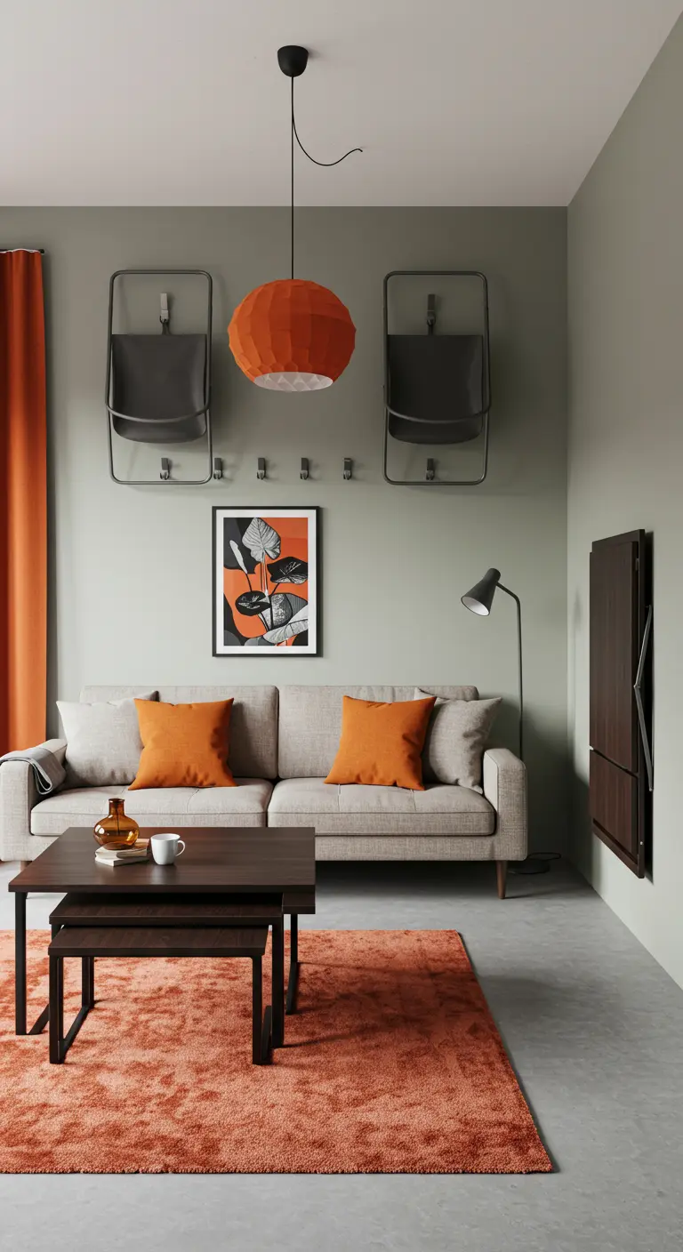Woonkamer met opklapbare stoelen aan de muur en een opklapbare wandtafel.