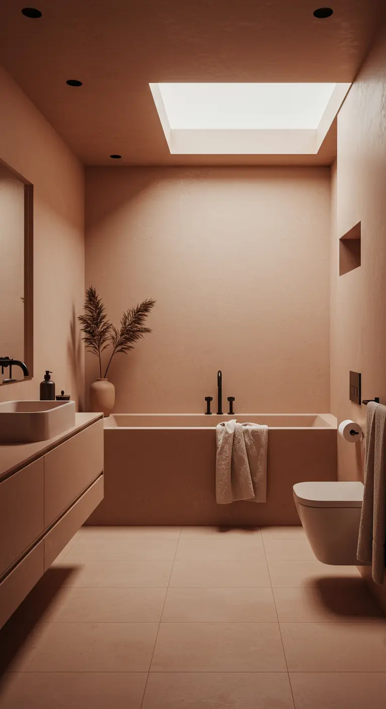 Minimalistische badkamer met nude tadelakt muren, zwart sanitair en dakraam.
