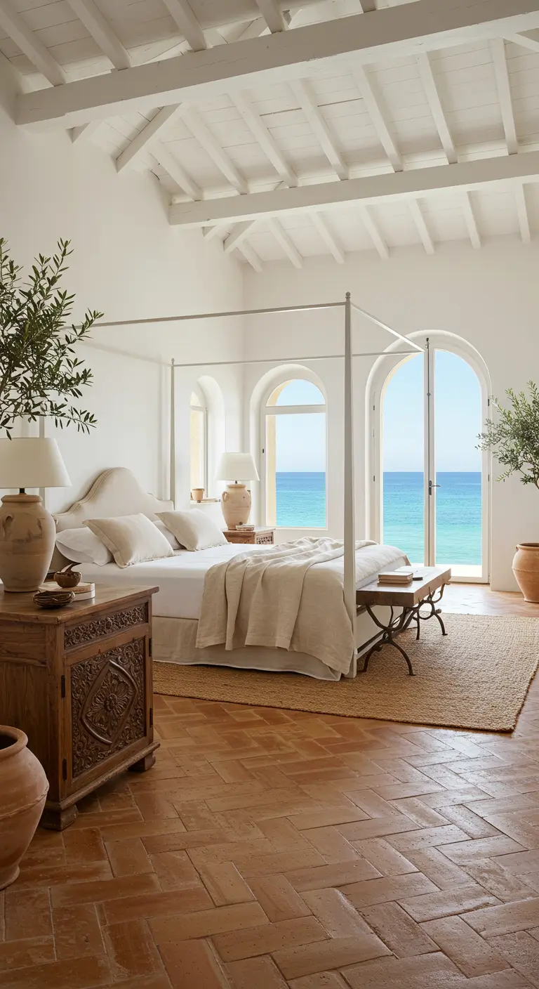 Royale mediterrane slaapkamer met vierposterbed, terracotta vloer, witte muren en uitzicht op zee.