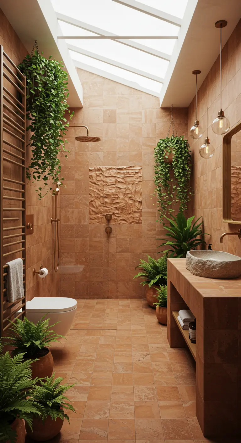 Terracotta badkamer met veel hang- en staanplanten, steen waskom, gouden kranen.