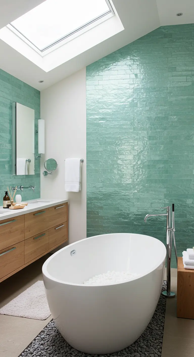Badkamer met mintgroene glanzende tegelwand, wit vrijstaand bad en dakraam.