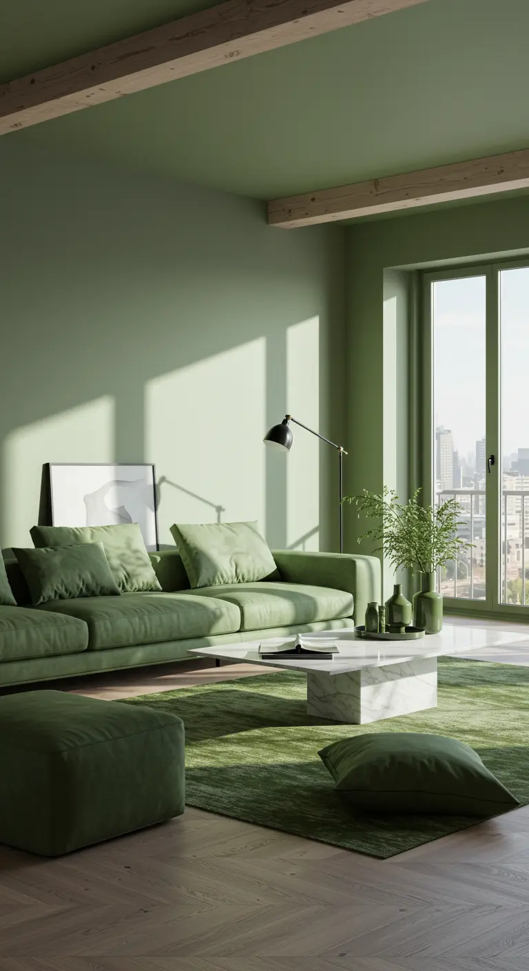 Moderne woonkamer in drie tinten olijfgroen met houten vloer en uitzicht op stad.