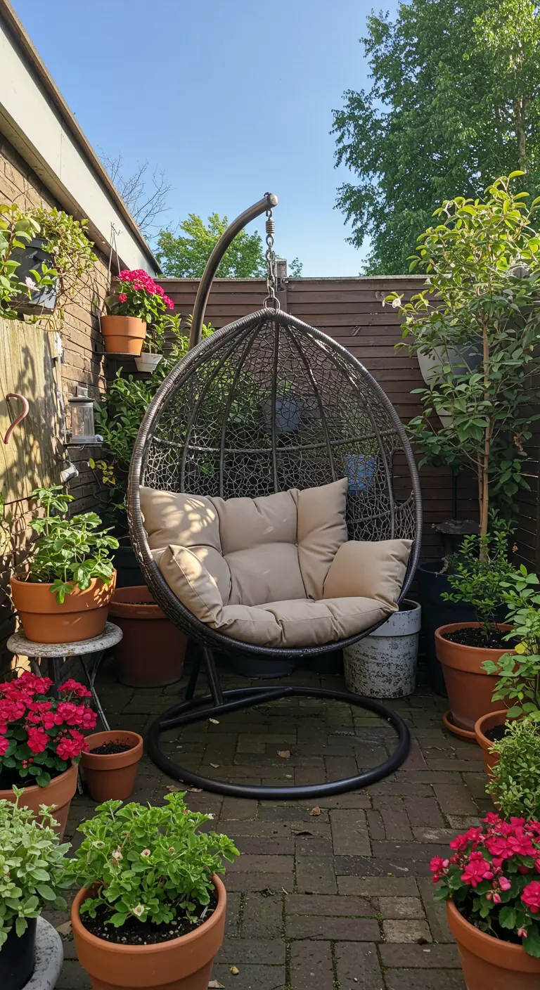 Grijze eivormige hangstoel met standaard in een tuin vol planten.