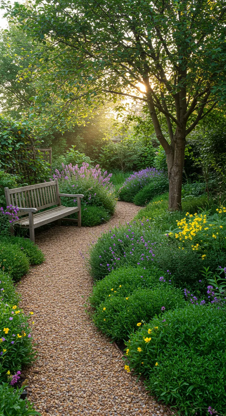 Slingerend tuinpad met houten bankje, omringd door bloeiende vaste planten en bomen.