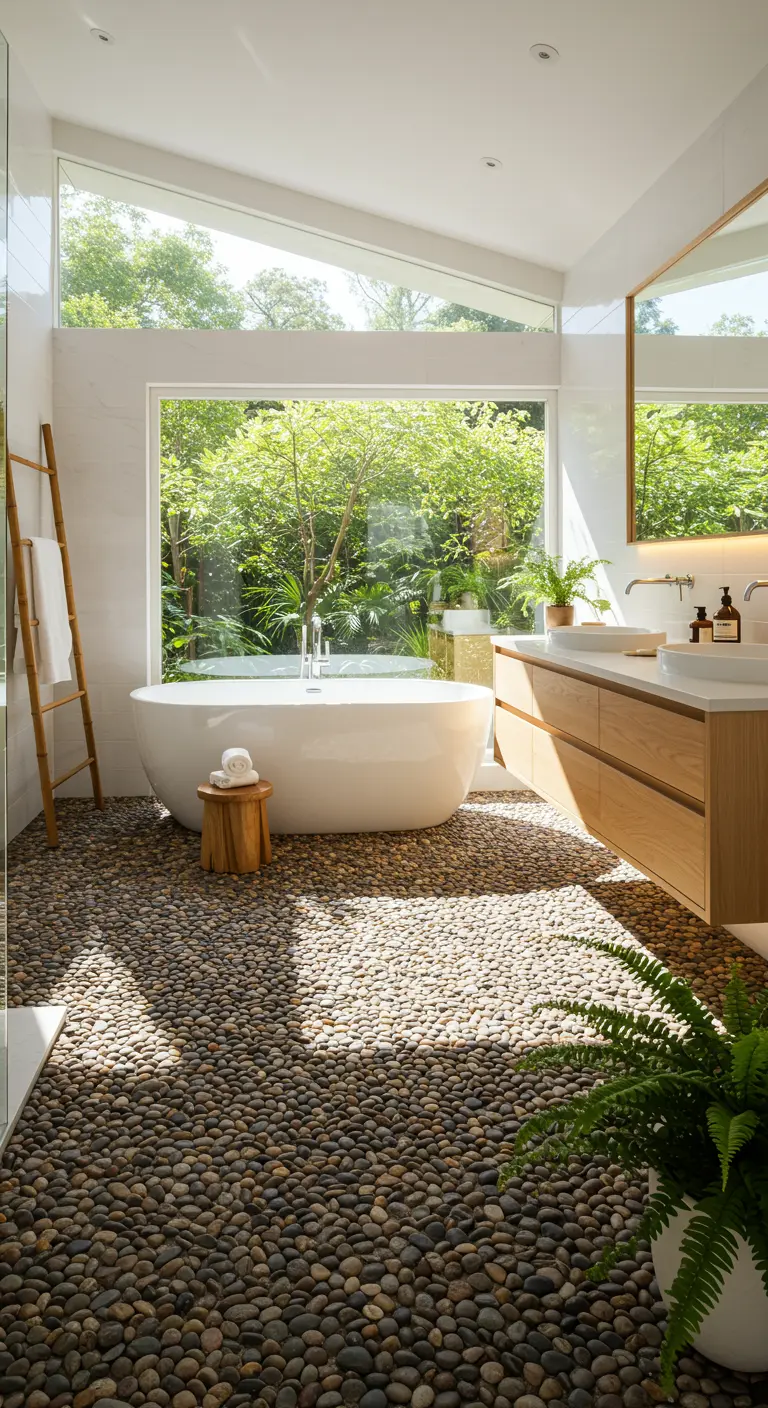 Lichte badkamer met kiezelvloer, vrijstaand bad en uitzicht op groene tuin.