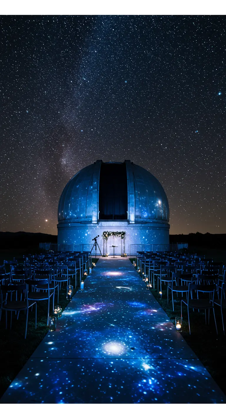 Trouwceremonie bij een observatorium met kosmische projecties op de loper.