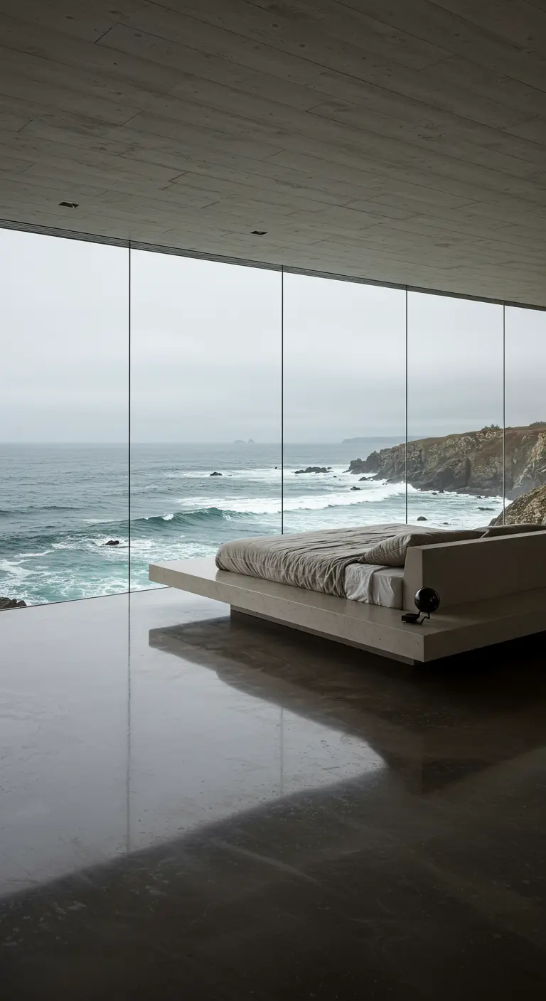 Minimalistische betonnen slaapkamer met panoramisch uitzicht op de oceaan.