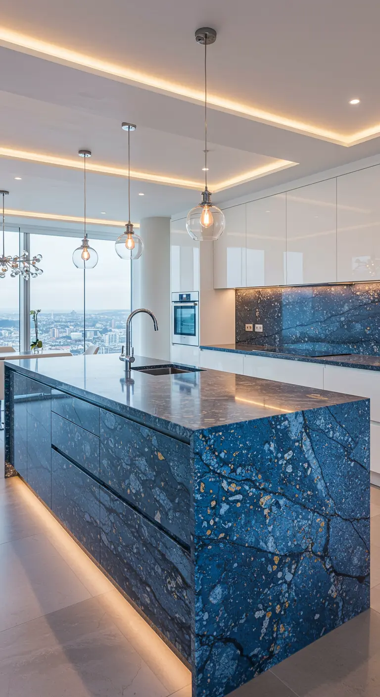 Moderne witte keuken met groot kookeiland van blauw en goud geaderd marmer.