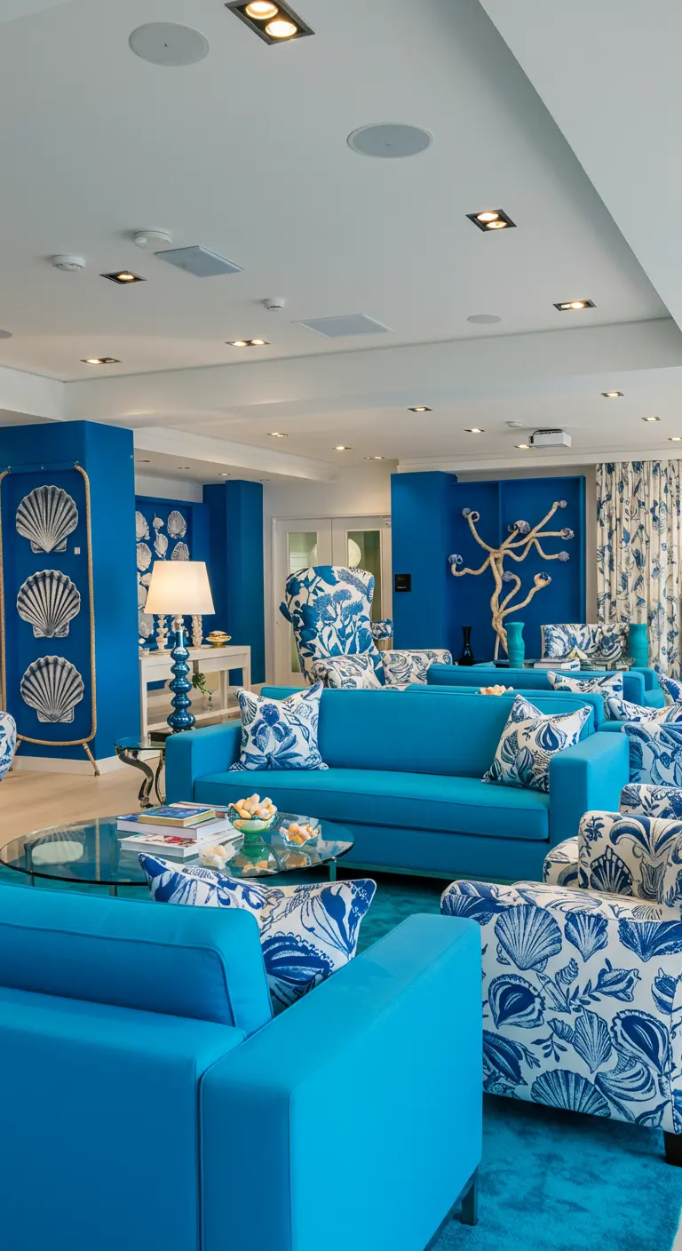 Gedurfde blauwe woonkamer met schelp-patroon stoelen en glazen tafel.