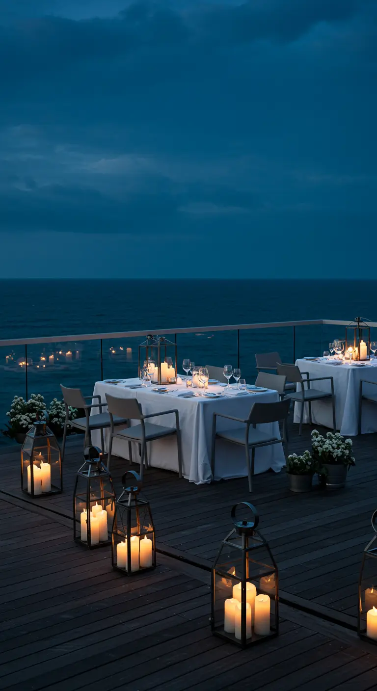 Eettafels op een houten terras aan zee, 's avonds verlicht door grote lantaarns met kaarsen.