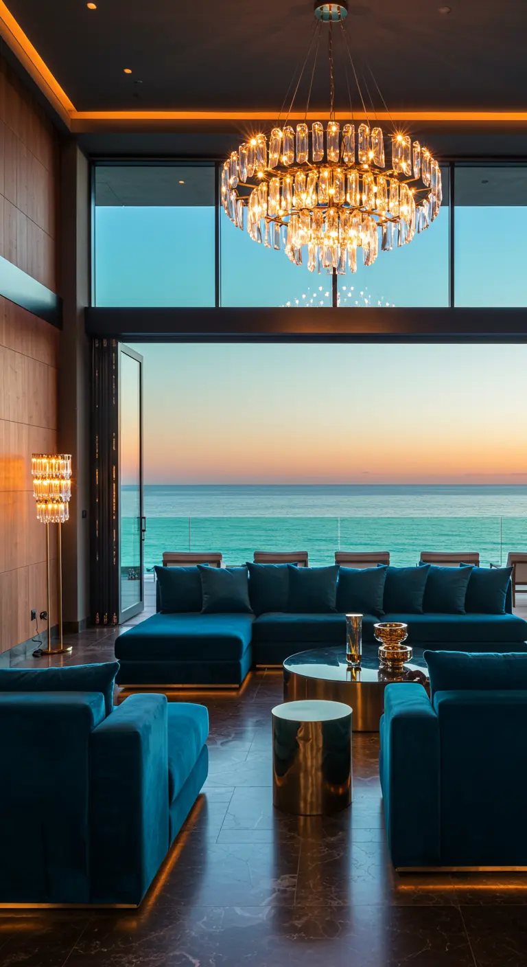 Luxe woonkamer met blauw fluwelen banken, gouden accenten en uitzicht op zee bij zonsondergang.