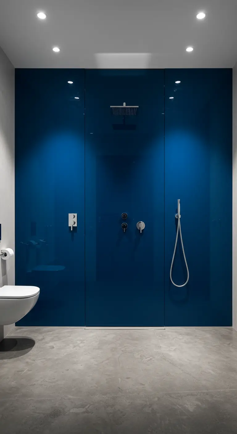 Minimalistische badkamer met een diepblauwe glazen douchewand en betonnen vloer.
