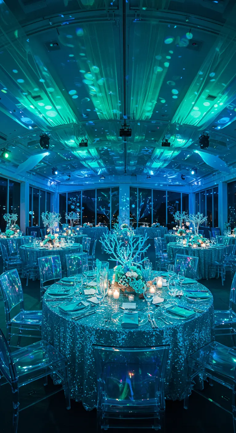 Onderwater thema bruiloft met turquoise belichting, pailletten tafelkleden en koraal decoratie.