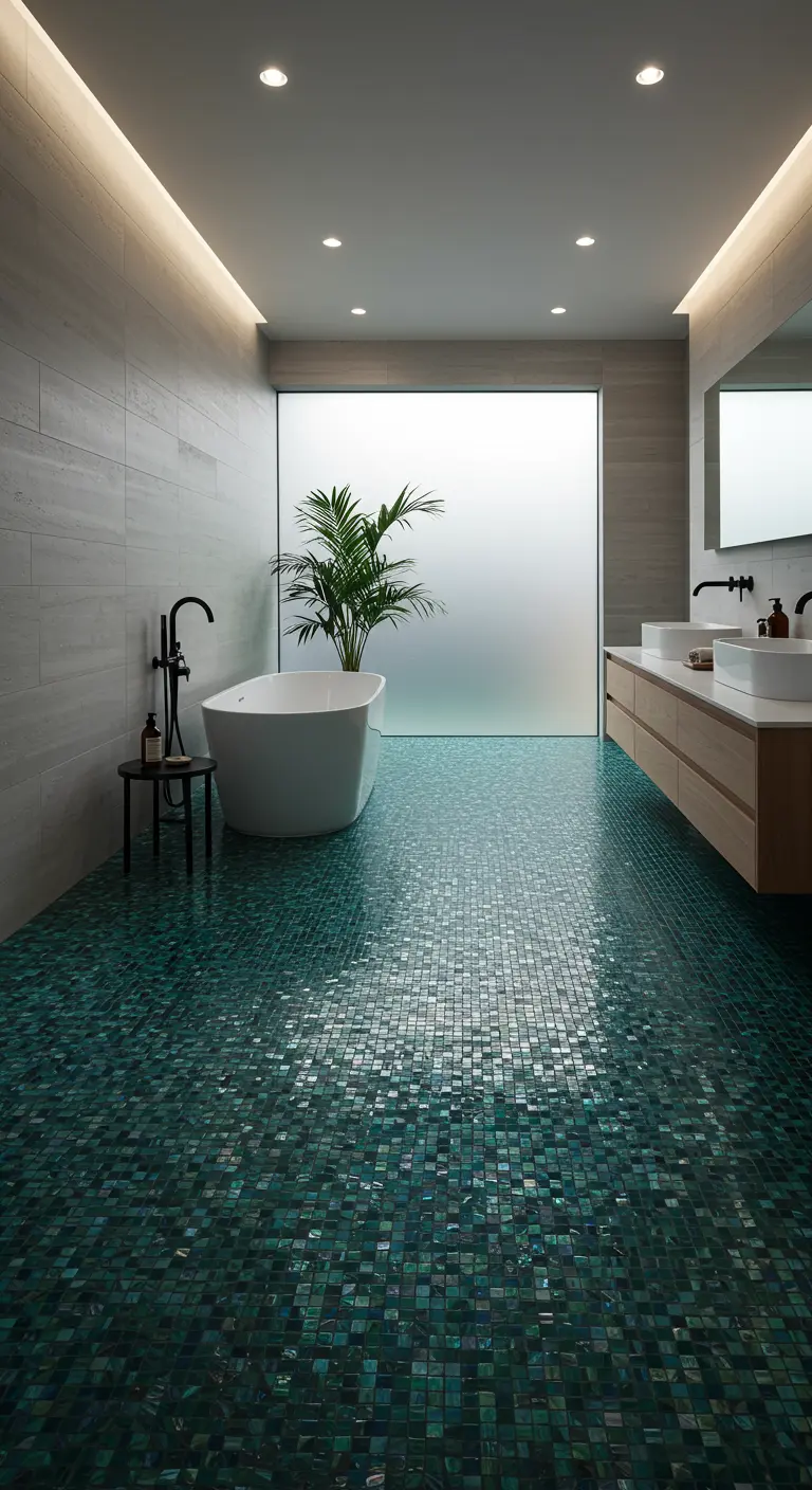 Badkamer met diepgroene glinsterende mozaïekvloer en vrijstaand bad.