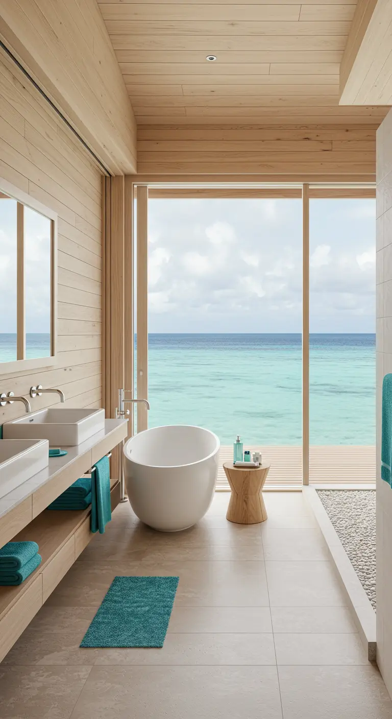 Badkamer met ligbad en glazen wanden met uitzicht op helderblauwe oceaan.