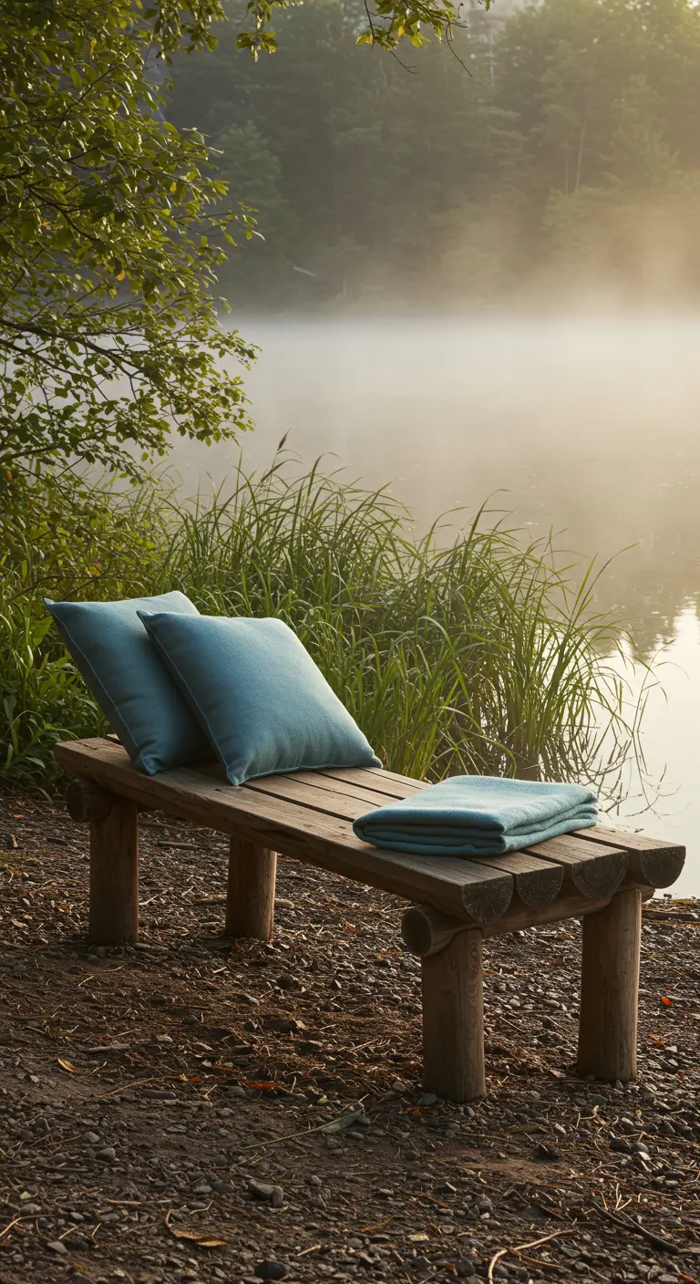 Robuuste houten bank aan het water met turquoise kussens in ochtendnevel.