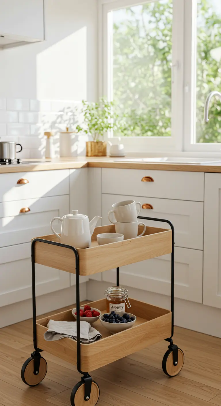 Lichte houten keukentrolley met wit servies en schaaltjes bessen bij een zonnig raam.