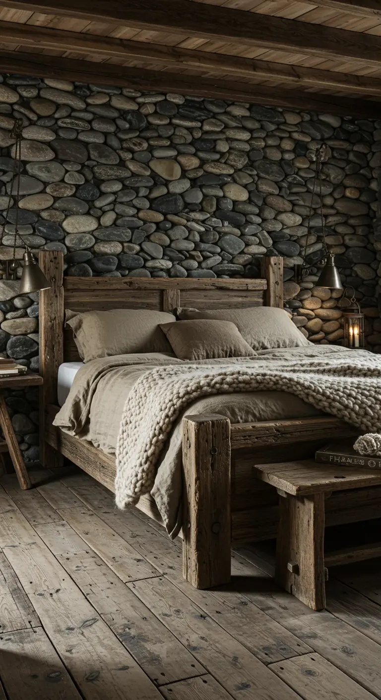 Rustieke slaapkamer met stenen muur, bed van oud hout en industriële lampen.