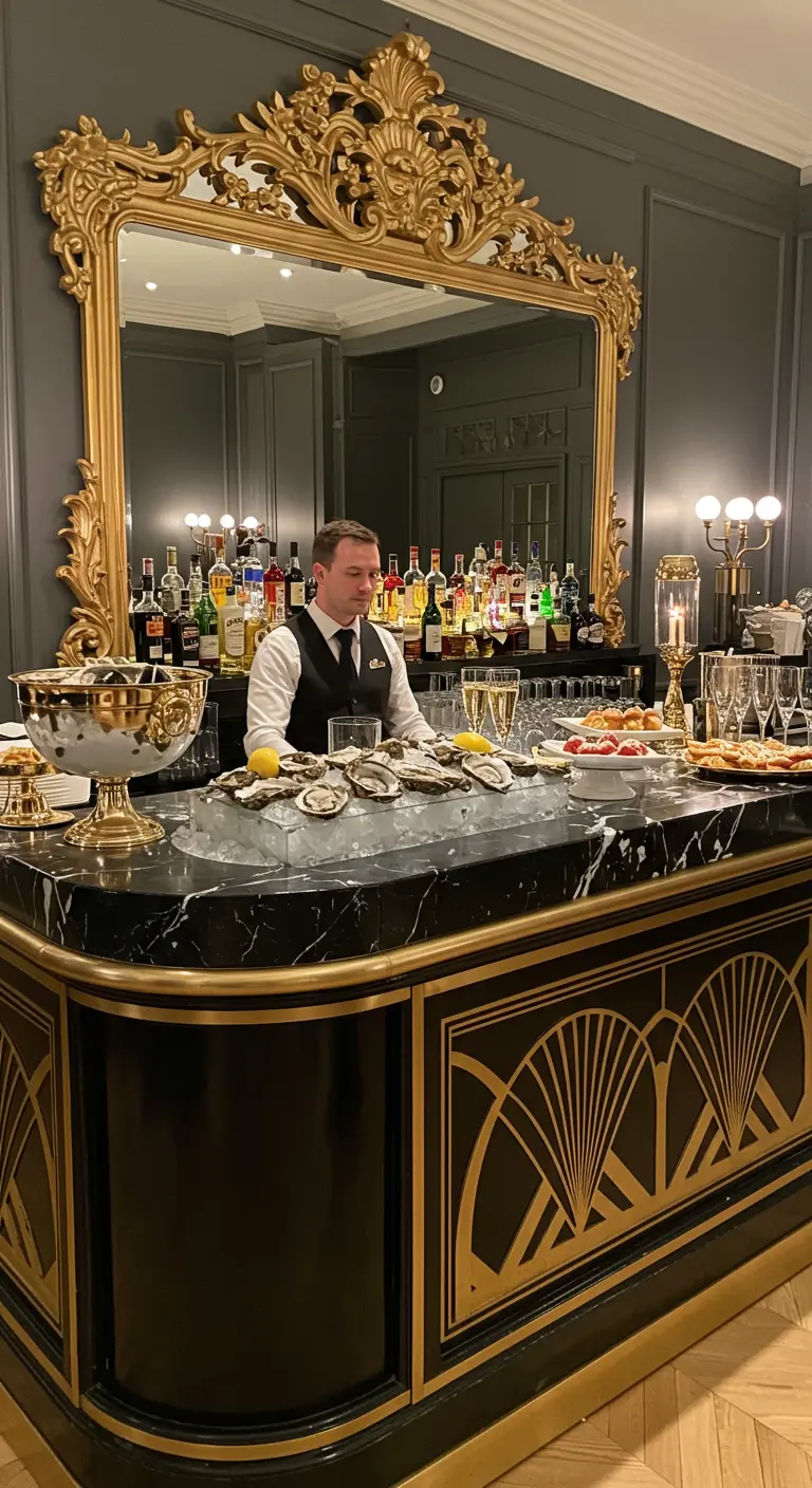 Luxe bar met gouden spiegel, zwarte toonbank en oesters.