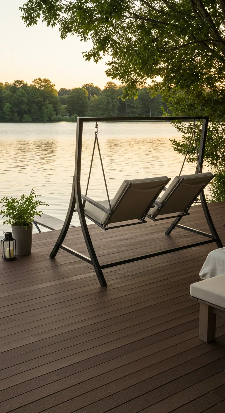 Zwart metalen schommelframe met twee verstelbare ligstoelen op een houten terras aan het water.