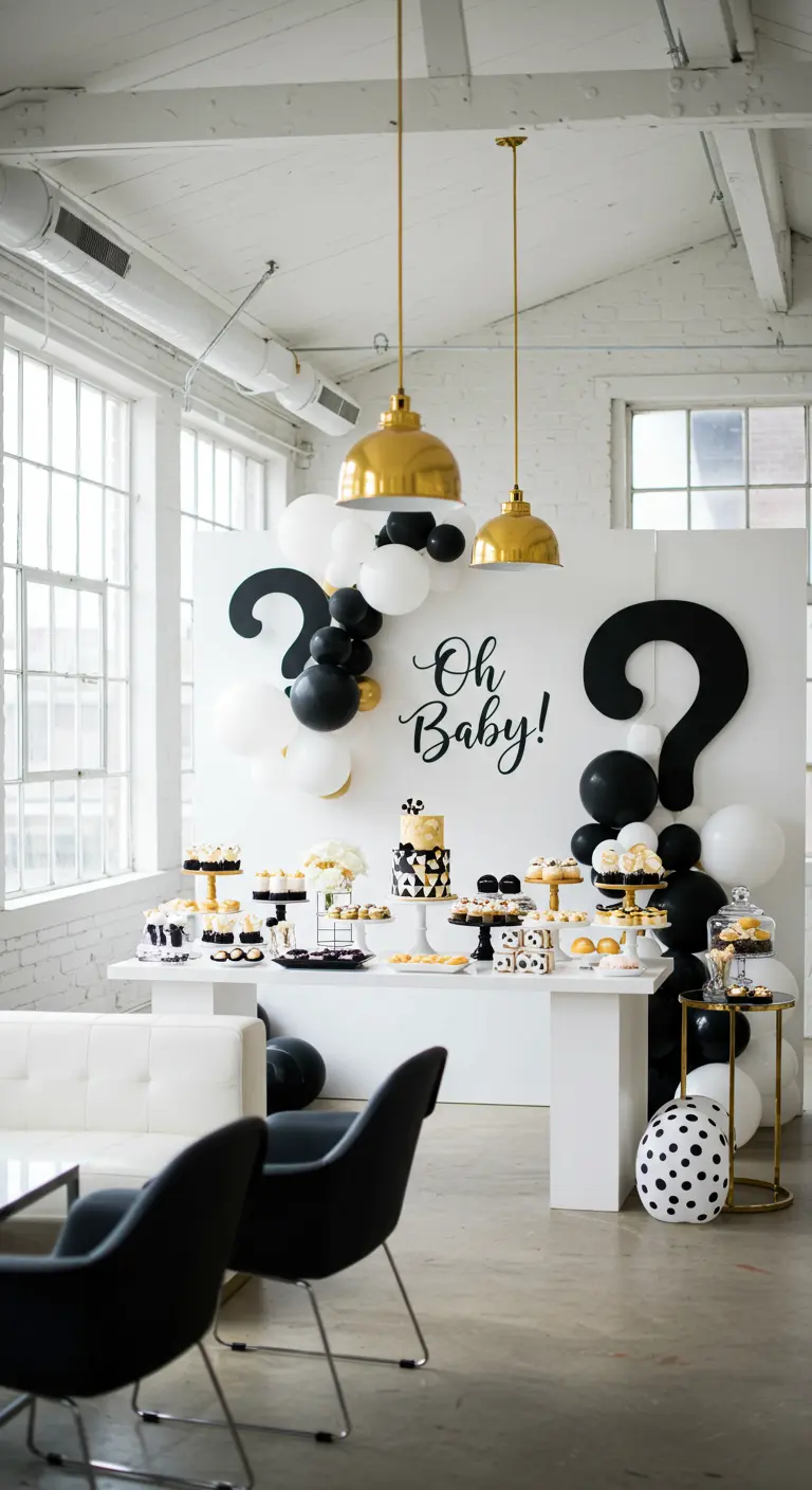 Moderne gender reveal met vraagtekens, zwart-wit-goud thema, stijlvolle sweet table.