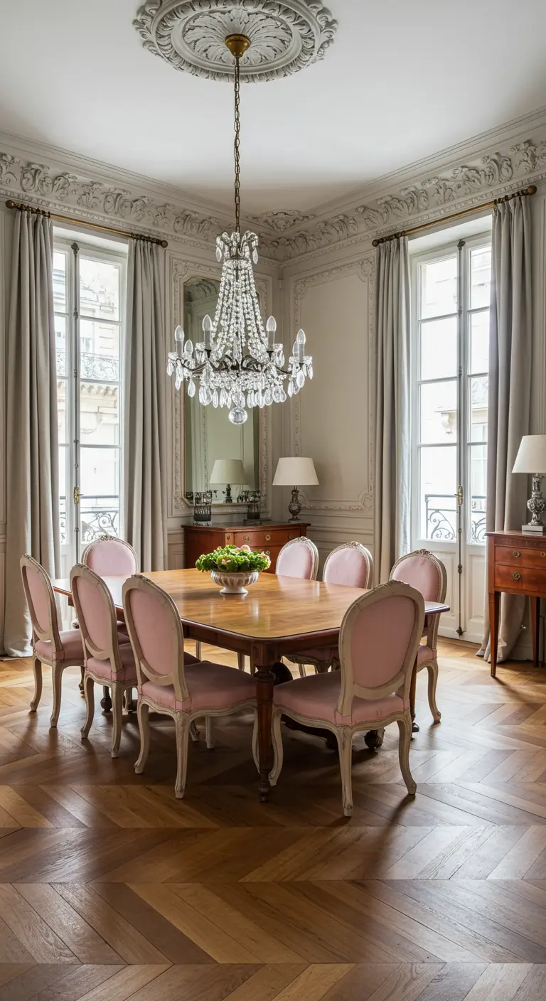 Elegante Parijse eethoek met kroonluchter, ornamenten en roze fluwelen stoelen.